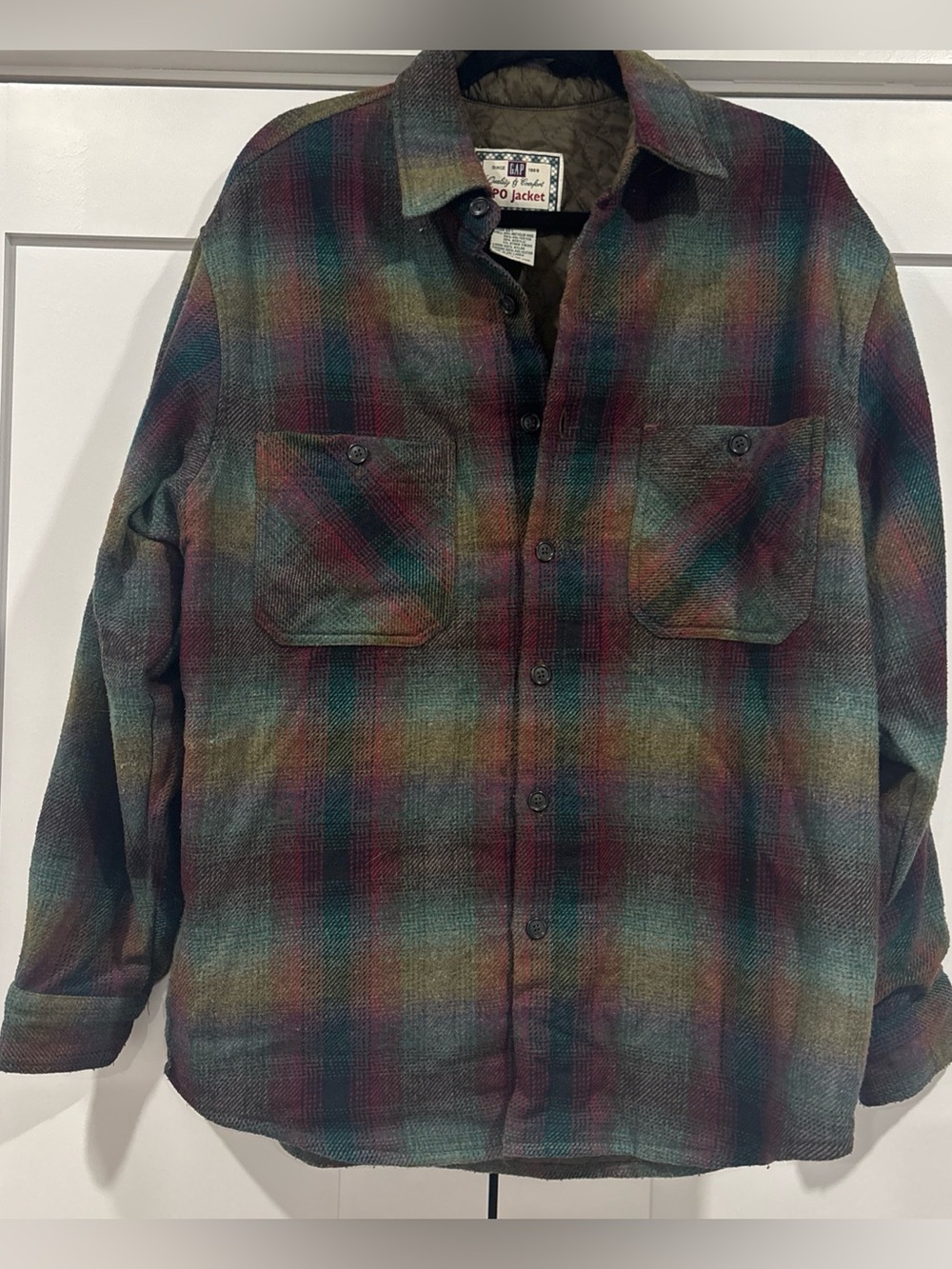 Vintage Men's Gap CPO Plaid Flannel Jacket Size Small Button Up Quilted Lined